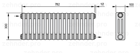 Схема (чертеж) Радиатор Zehnder Charleston 3030/17 №1670 Белый глянцевый RAL 9016